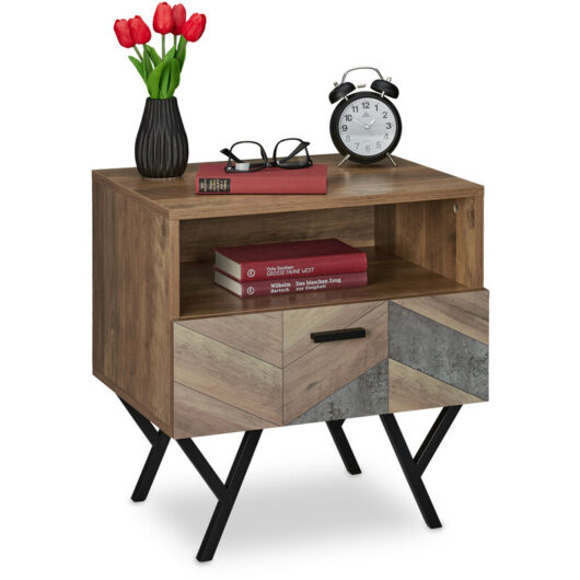 Relaxdays - Night Stand, Side Table, Drawer, Industrial, h x w x d: approx. 53 x 50 x 42 cm, Metal, mdf, Brown