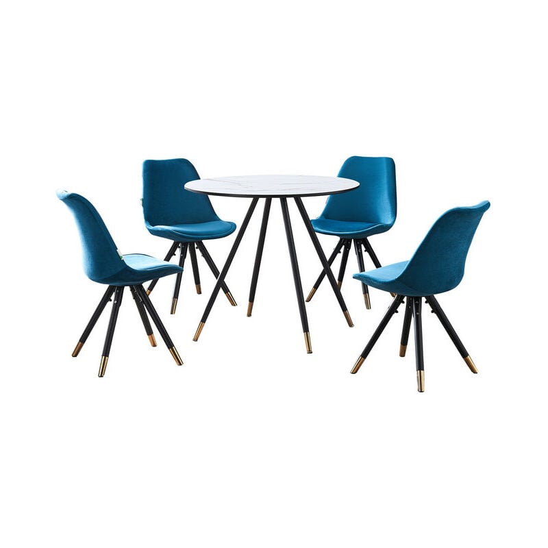 Dorchester lux Sofia Dining Set - a White Wooden Dining Table and Set of 4 Blue Vevet Dining Chairs - Dining Room Kitchen
