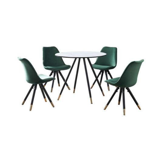 Dorchester lux Sofia Dining Set - a White Wooden Dining Table and Set of 4 Green Vevet Dining Chairs - Dining Room Kitchen