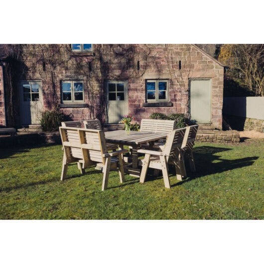 Churnet Valley - Ergo 8 Seater Square Table Including 4 Benches - Swedish Redwood - L149 x W149 x H77 cm - Minimal Assembly Required