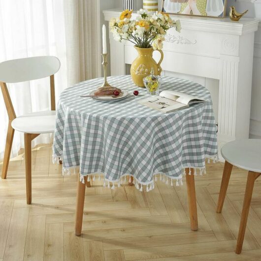 Round cotton and linen tablecloth with stain-resistant fringe, washable table protector, 140x140cm
