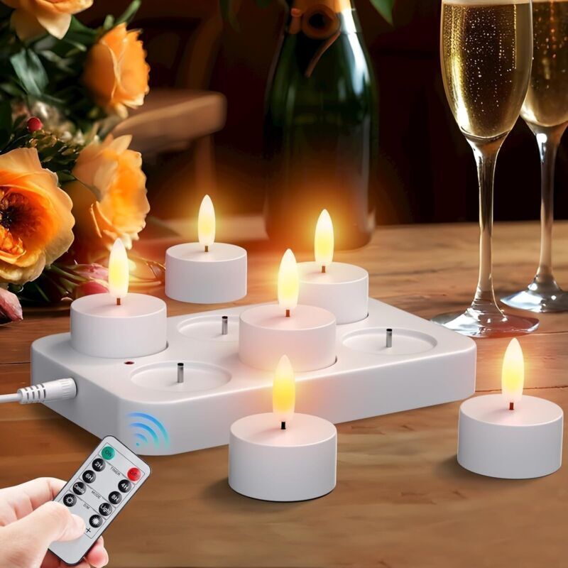Set of 6 Rechargeable LED Tealight Candles with Flickering Flame, Charging Station, and Remote Control, Decoration for Christmas, Birthdays,