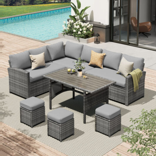 YODOLLA 7-Piece Outdoor Patio Furniture Set with Dining Table, Chairs & Ottomans (Grey Rattan&Grey Cushion)