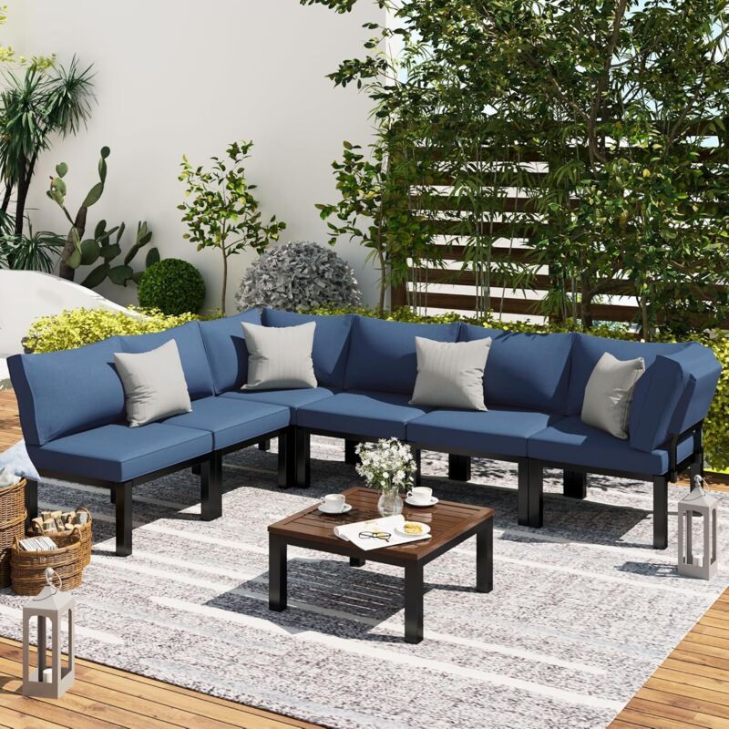 YODOLLA 7 Piece Outdoor Patio Sectional Corner Sofa Set, Garden Metal Frame Lounge Furniture with Coffee Table & Blue Cushions