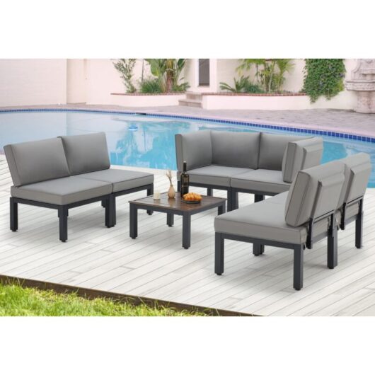 YODOLLA Outdoor Patio Furniture Set, Metal Patio Sectional Conversation Sofa, Black Wrought Iron Outdoor Furniture Sets Clearance with Grey Cushions