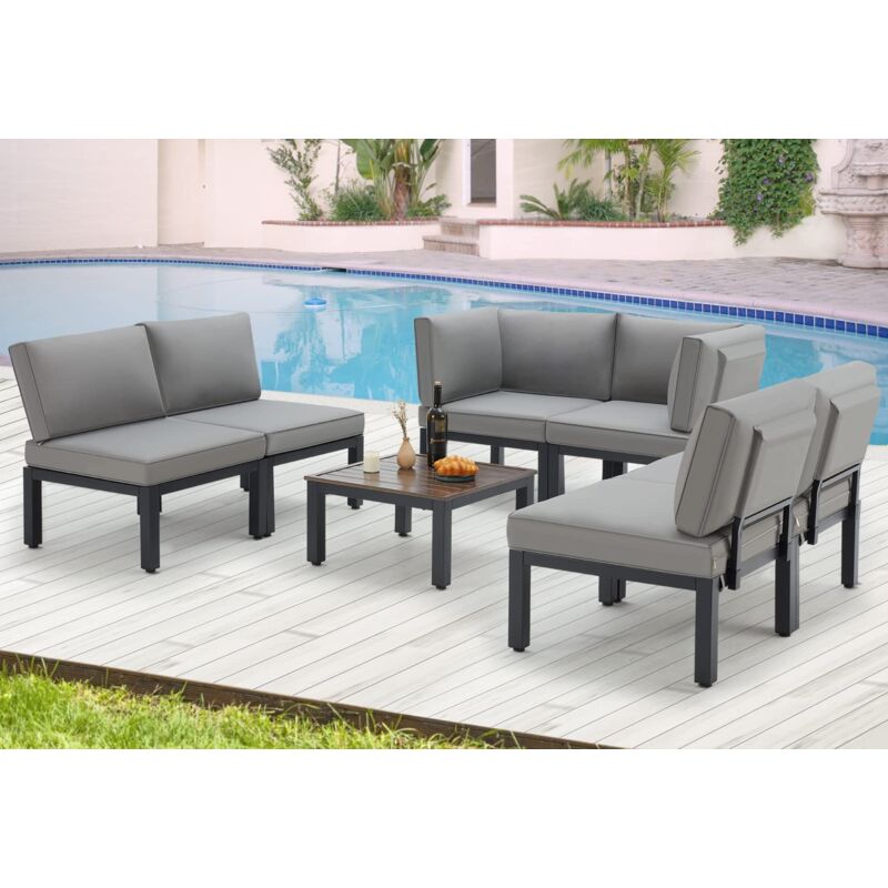 YODOLLA Outdoor Patio Furniture Set, Metal Patio Sectional Conversation Sofa, Black Wrought Iron Outdoor Furniture Sets Clearance with Grey Cushions