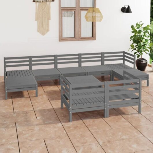 10 Piece Garden Lounge Set Grey Solid Wood Pine Vidaxl