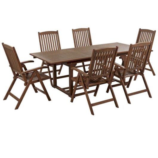 Acacia Rustic 6 Seater Garden Dining Set Extending Table Reclining Chairs Dark Wood Amantea