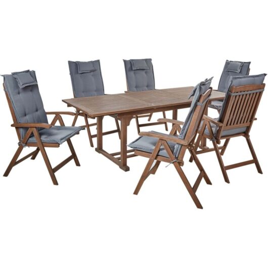 Acacia Rustic 6 Seater Garden Dining Set Extending Table Reclining Chairs Dark Wood with Grey Cushions Amantea