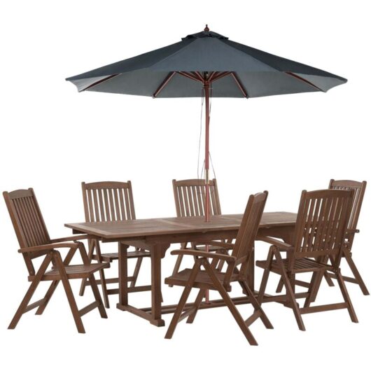 Acacia Rustic 6 Seater Garden Dining Set with Parasol Extending Table Reclining Chairs Dark Wood Grey Umbrella Amantea