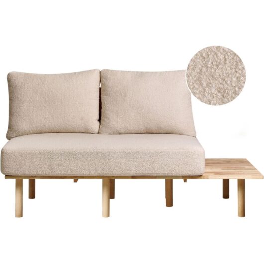 Beliani - 2 Seater Sofa Japandi Style Boucle Fabric Upholstered Light Wood Frame Foldable Backrest Table Beige Salo