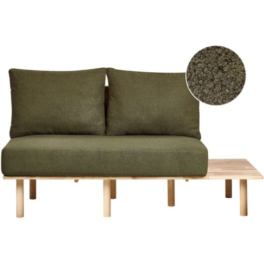 Beliani - 2 Seater Sofa Japandi Style Boucle Fabric Upholstered Light Wood Frame Foldable Backrest Table Dark Green Salo