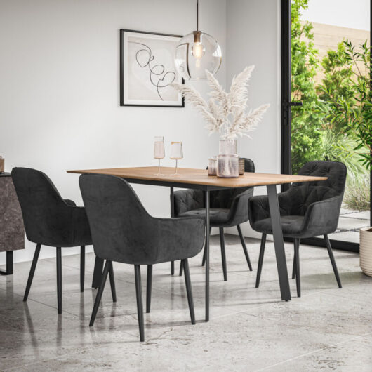 Haydon Extending Dining Table And Chairs - Oak Effect Table Top w Black Legs + Anika Velvet Dining Chair Set Of 6 (Black)