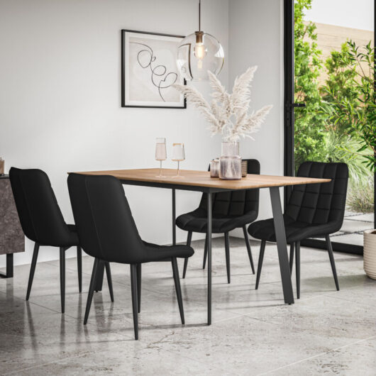 Haydon Extending Dining Table + Chairs- Oak Effect Table Top w Black Legs + Nova Faux Leather Dining Chair Set Of 4 (Black)