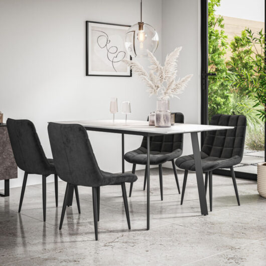 Haydon Extending Dining Table + Chairs- White Marble Effect Table Top w Black Legs + Nova Velvet Dining Chair Set Of 4 (Black)
