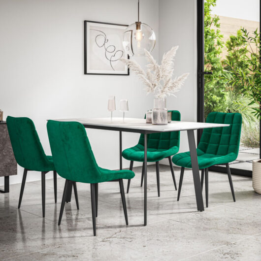 Haydon Extending Dining Table + Chairs- White Marble Effect Table Top w Black Legs + Nova Velvet Dining Chair Set Of 6 (Green)