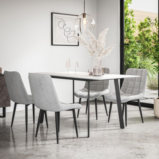 Haydon Extending Dining Table + Chairs- White Marble Effect Table Top w Black Legs + Nova Velvet Dining Chair Set Of 6 (Grey)