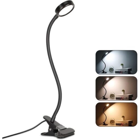 LED Clip-on Table Lamp, Reading and Desk Lamp with Adapter, Adjustable Brightness, Eye Protection, Office and Home, 360° Flexible, Black