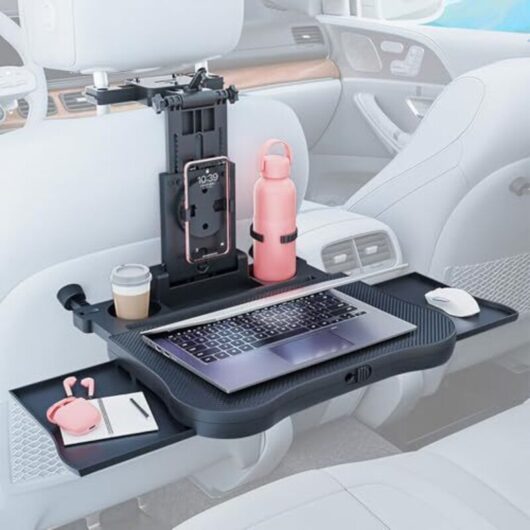 [NEVER USED] Portable Car Seat Tray, Rear Passenger Table with Cup Holder and Cell Phone Holder, Telescopic Foldable Car Back Seat Table for Travel,