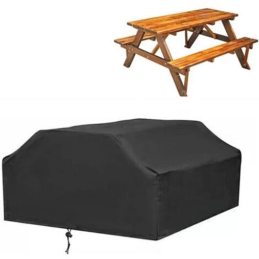 One-piece Garden Table and Chair Cover, 210D Outdoor Lounge Table Cover, Rectangular Patio Bench Cover for Picnic Table and Outdoor Kitchen (Black)