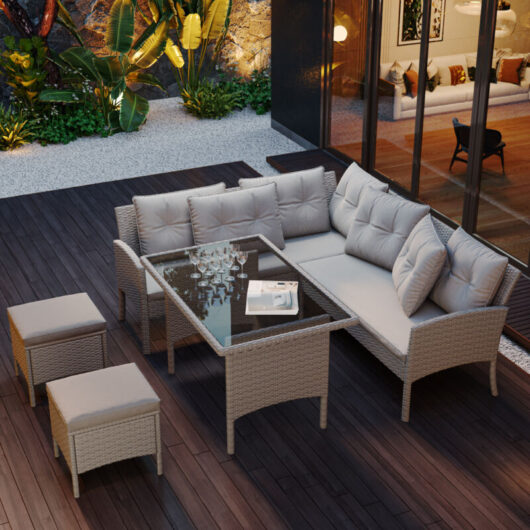 Outdoor Rattan Garden Furniture Set,6-7 Seater Sofa with Light Grey Cushions and Table Stool