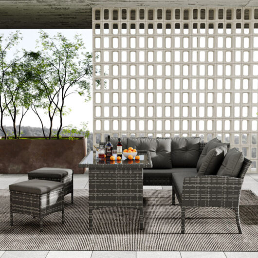 Outdoor Rattan Patio Set,6-7 Seater Garden Sofa with Table Stool, Mixed Grey Wicker+Cushions