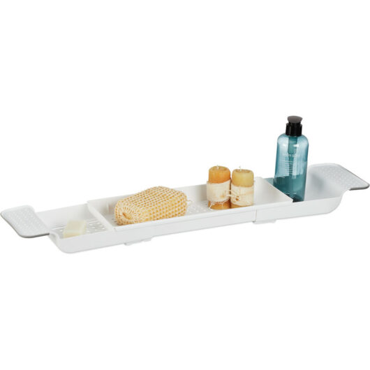 Relaxdays - Bath Shelf, Extendable 55.5-78 cm, Plastic, Water Drainage Holes, Non-slip Support, Bathtub Tray, White
