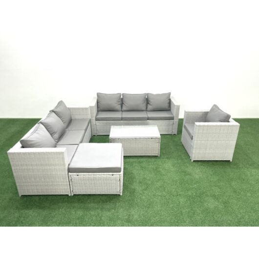 Wicker pe Rattan Sofa Garden Furniture Set with Armchair Oblong Coffee Table Big Footstool Light Grey Mixed - Fimous