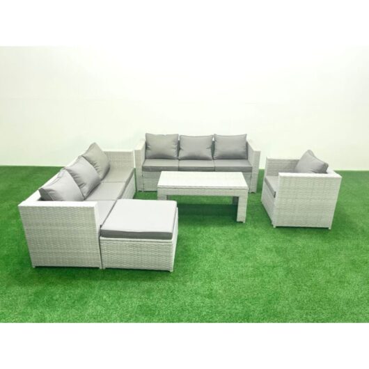 Wicker pe Rattan Sofa Garden Furniture Set with Oblong Coffee Table Armchair Big Footstool Light Grey Mixed - Fimous