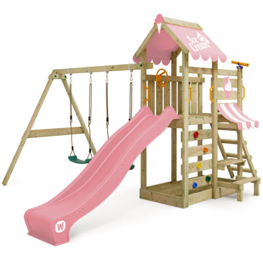 Wickey VanillaFlyer wooden play tower with swing and slide in light pink